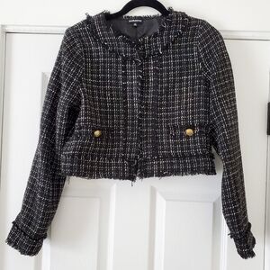 LoveWednesday Cropped Black and White Tweed Blazer